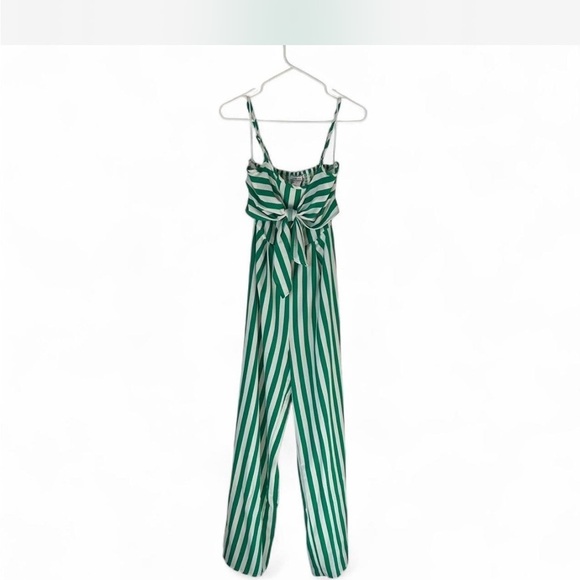 Green Striped Peep Hole Dressy Summer Beach Vacation Lightweight Jumpsuit - Picture 1 of 7